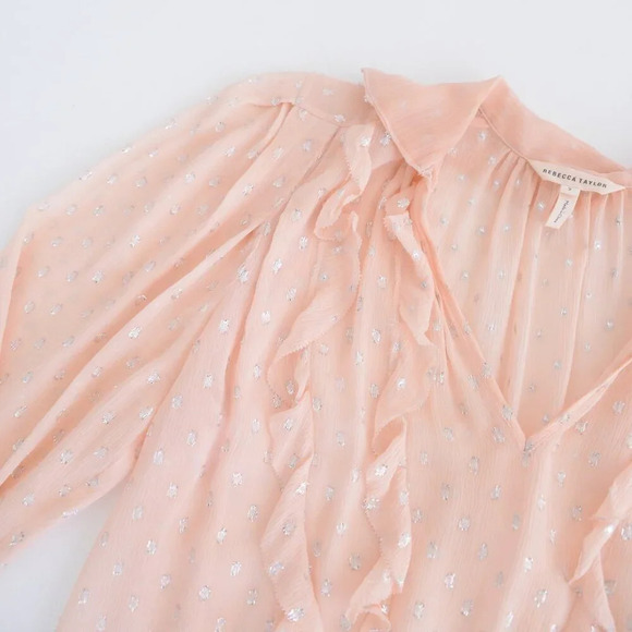 Rebecca Taylor Peach Silk Polka Dot Metallic Tie Neck Ruffle Long Sleeve Blouse2 - Picture 11 of 11
